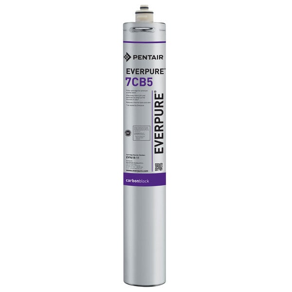 An Everpure water filter cartridge with a white label and black text and a purple Everpure label.