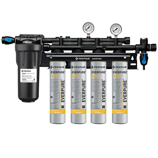 The Everpure Coldrink 4-4FC water filtration system with pre-filter and three cylinders.