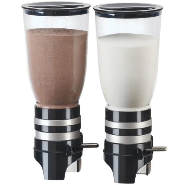 A black wall mount with two Cal-Mil glass canisters filled with milk and chocolate.
