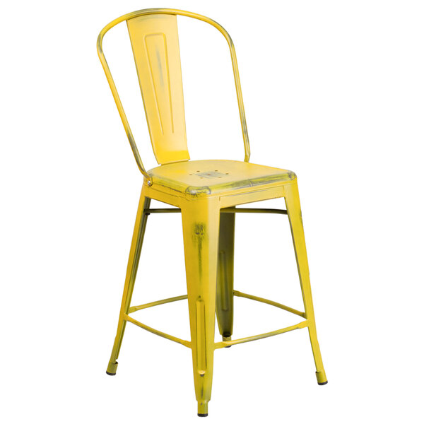 Flash Furniture ET-3534-24-YL-GG Distressed Yellow Metal Counter Height Stool with Vertical Slat Back and Drain Hole Seat