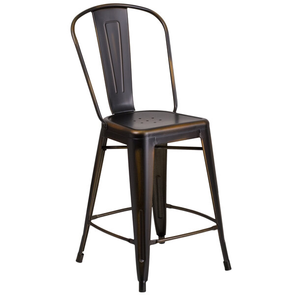 A Flash Furniture black metal restaurant bar stool with a vertical slat back.