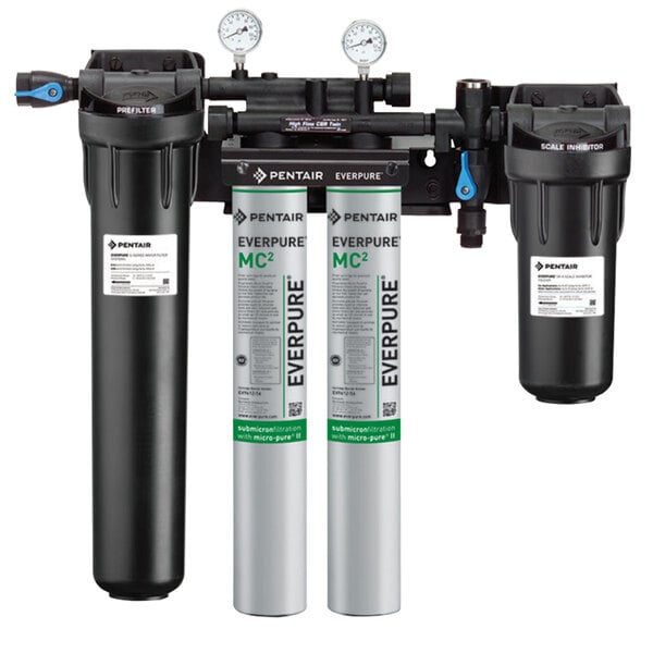 The Everpure water filtration system with several water filters.