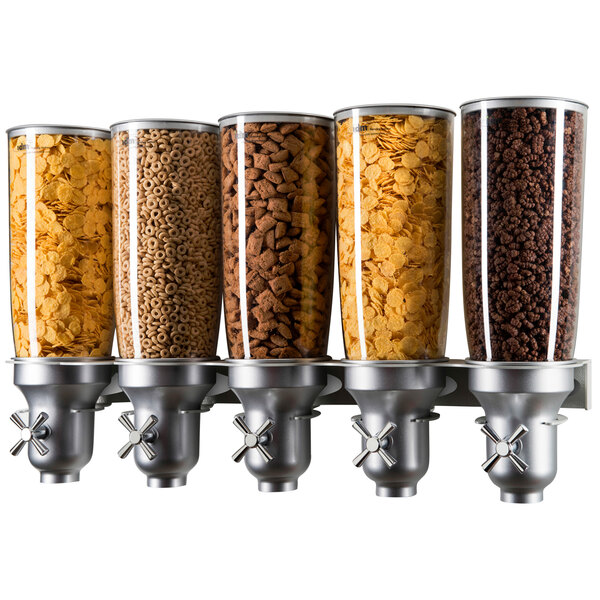 A Cal-Mil platinum wall mount 5 canister cereal and dry food dispenser with containers of cereal inside.