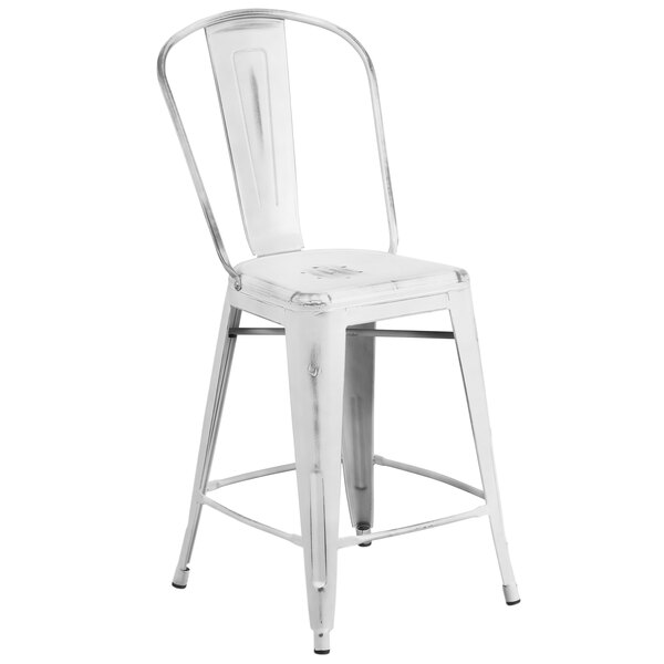 A Flash Furniture white metal restaurant bar stool with a vertical slat back and white seat.