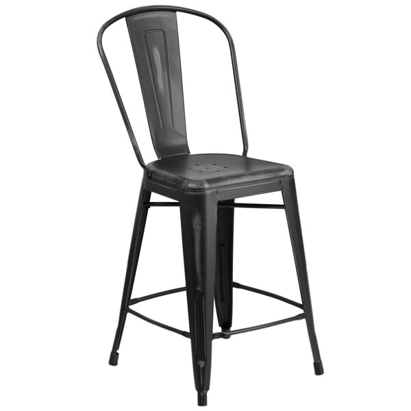 A Flash Furniture black metal counter height stool with a vertical slat backrest and drain hole seat.