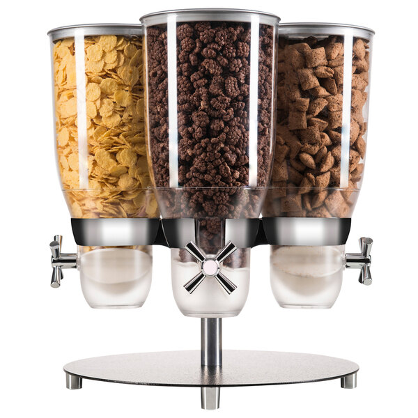 A Cal-Mil cereal dispenser with three canisters of cereal.