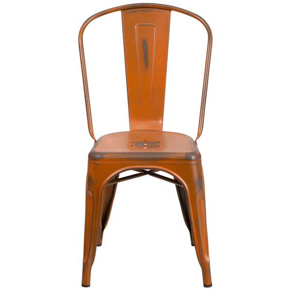 Flash Furniture Distressed Orange Stackable Metal Chair with Vertical Slat Back and Drain Hole Seat