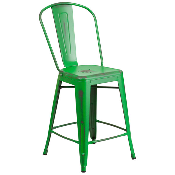 A Flash Furniture green metal counter height stool with a vertical slat back and drain hole seat.