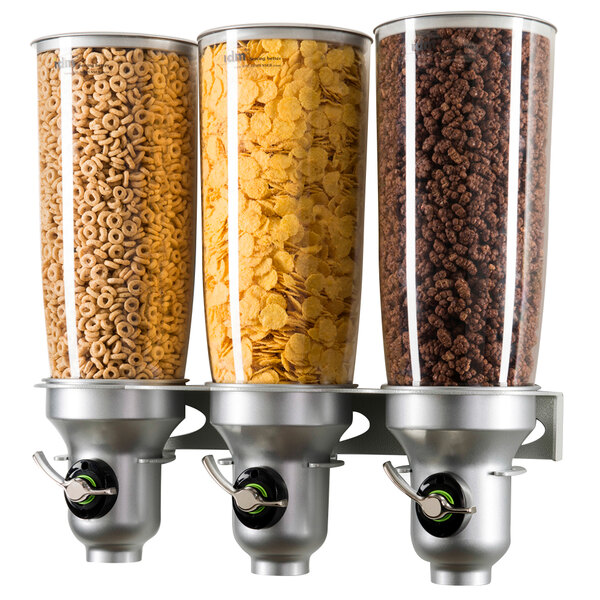 A Cal-Mil silver wall mount with three cereal dispensers.