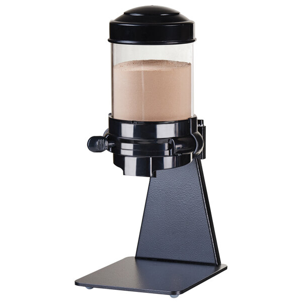 A black Cal-Mil freestanding powder dispenser with a clear container.