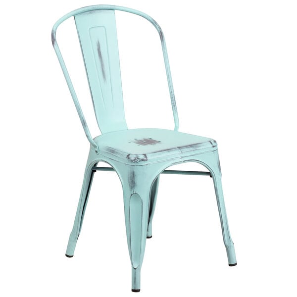 Flash Furniture ET-3534-DB-GG Distressed Green Blue Stackable Metal Chair with Vertical Slat Back and Drain Hole Seat