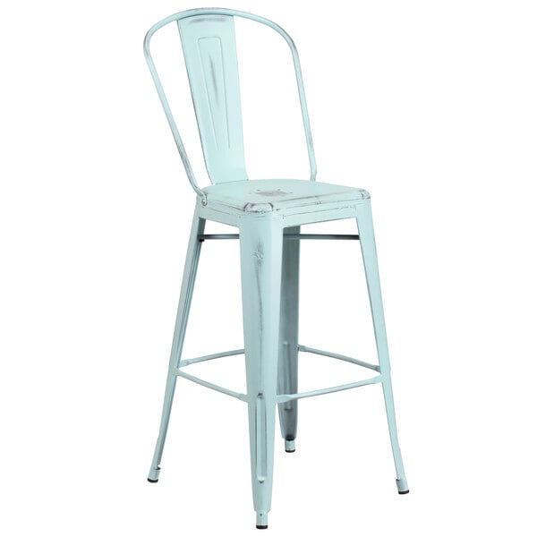 Flash Furniture ET-3534-30-DB-GG Distressed Green Blue Metal Bar Height Stool with Vertical Slat Back and Drain Hole Seat