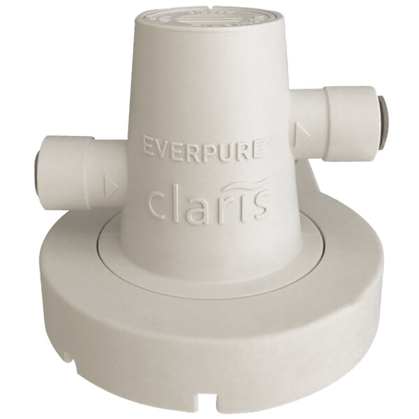 The white Everpure EV4339-92 Claris Gen 2 Single Filter Head with text on it.