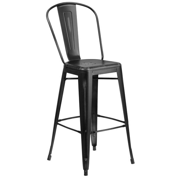 Flash Furniture ET-3534-30-BK-GG Distressed Black Metal Bar Height Stool with Vertical Slat Back and Drain Hole Seat