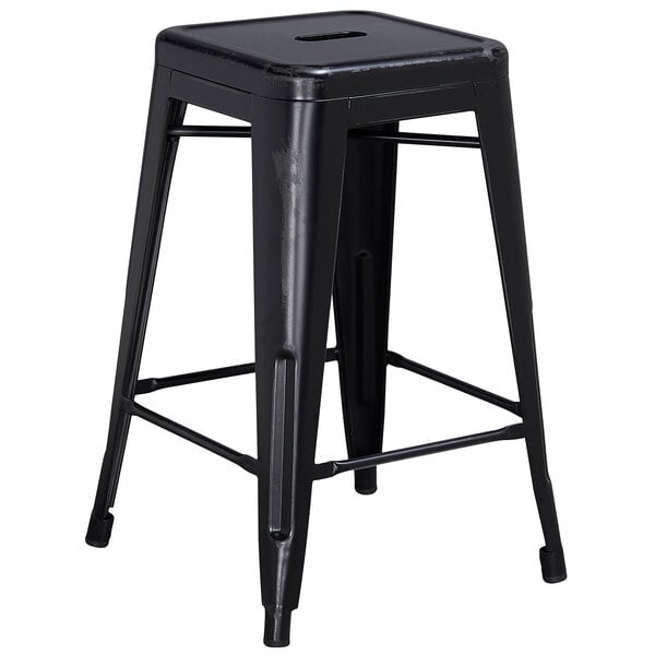 Flash Furniture ET-BT3503-24-BK-GG Distressed Black Stackable Metal Counter Height Stool with Drain Hole Seat