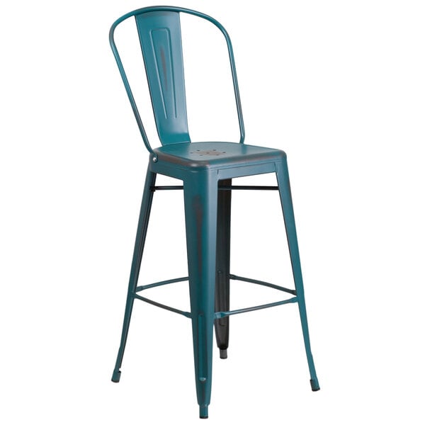 Flash Furniture ET-3534-30-KB-GG Distressed Kelly Blue-Teal Metal Bar Height Stool with Vertical Slat Back and Drain Hole Seat