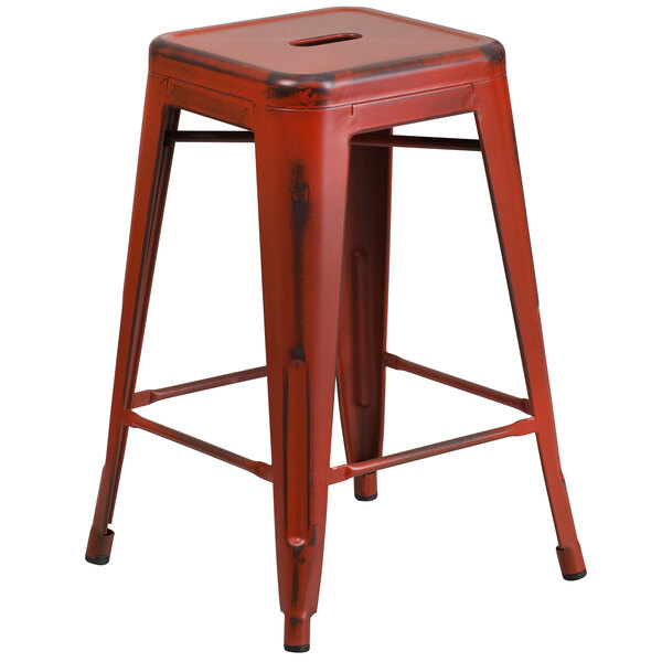 Flash Furniture ET-BT3503-24-RD-GG Distressed Kelly Red Stackable Metal Counter Height Stool with Drain Hole Seat