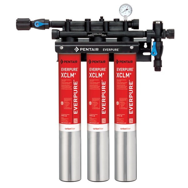 An Everpure water filtration system with red and silver cylinders.