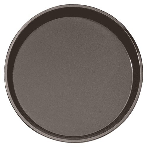 A brown Cambro round non-skid serving tray with a black rim.