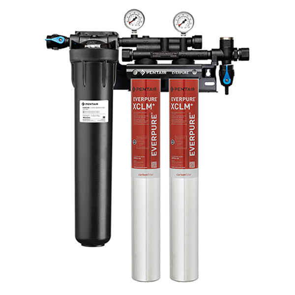 A black and white Everpure water filtration system with two pressure gauges.
