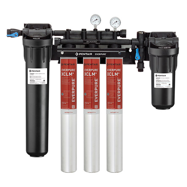 An Everpure water filtration system with three canisters, white with red labels.