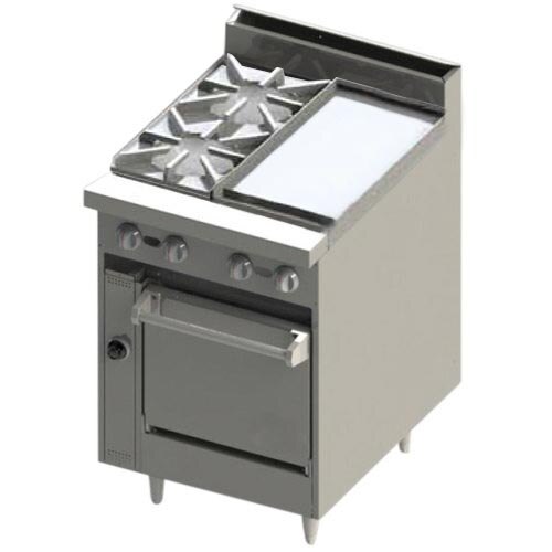 A stainless steel Blodgett commercial gas range with two burners on the right, a griddle on the left, and a convection oven base.