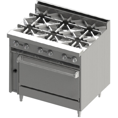 A silver Blodgett commercial gas range with four burners.
