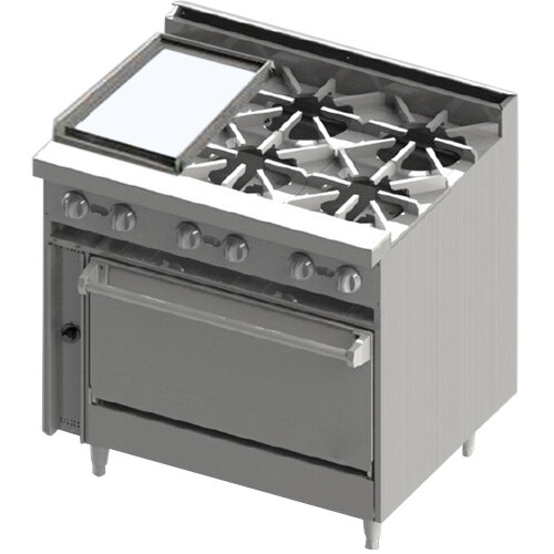 A Blodgett natural gas range with two burners and a griddle over a convection oven.