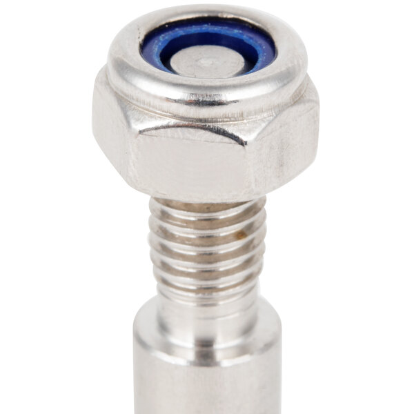 A stainless steel lock pin with blue threads on a white background.