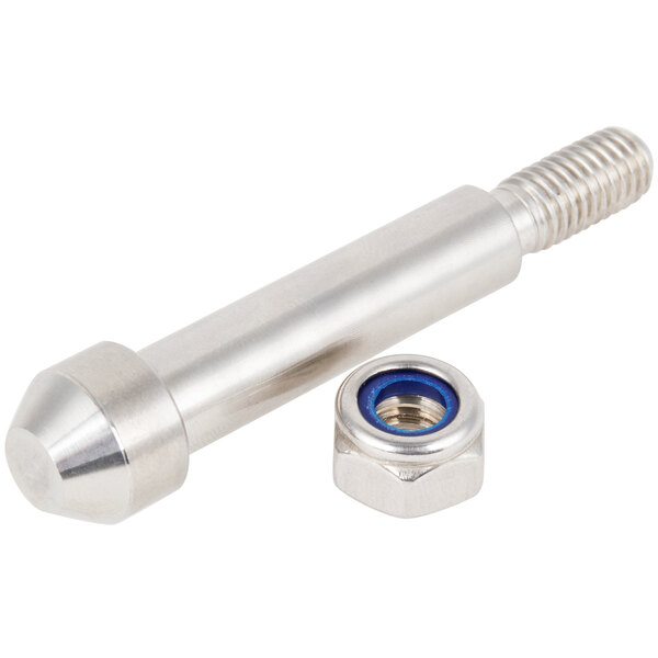 A silver metal lock pin with a nut on the end.