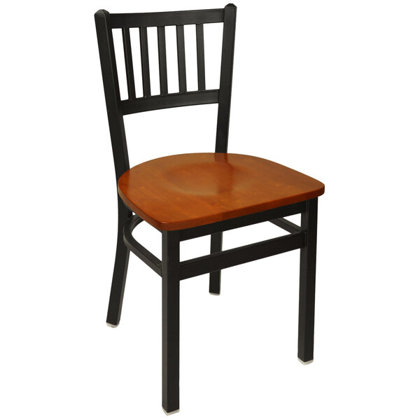 A BFM Seating Troy black metal side chair with a cherry wood seat.