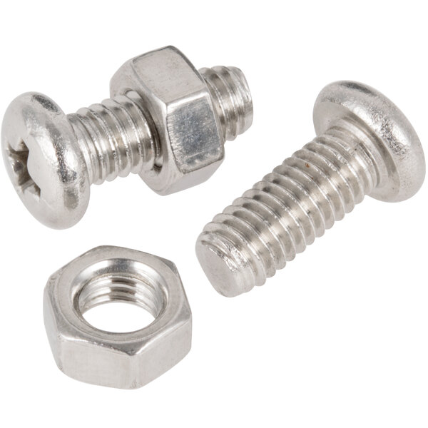 A close-up of a screw and nut on a white background.