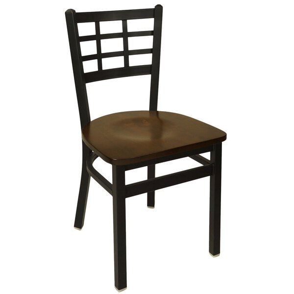 BFM Seating Marietta Sand Black Metal Side Chair with Walnut Wood Seat