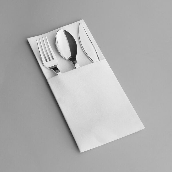 Visions Heavy Weight Elegant Gold Cutlery Set with White Linen-Feel Pocket  Fold Dinner Napkin - 50/Case
