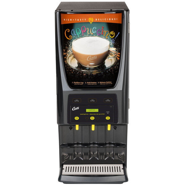 A close-up of a Curtis Primo Cappuccino Dispenser with a cup of coffee on top.