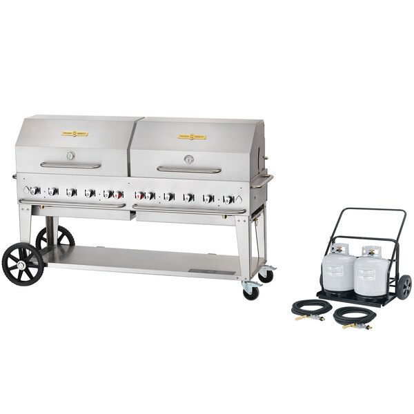 Crown Verity MCC-72RDP 72" Mobile Outdoor Cart Grill with 2 Vertical Propane Tanks and Roll Dome Package