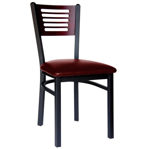BFM Seating Espy Sand Black Metal Side Chair with Mahogany Wooden Back and 2" Burgundy Vinyl Seat