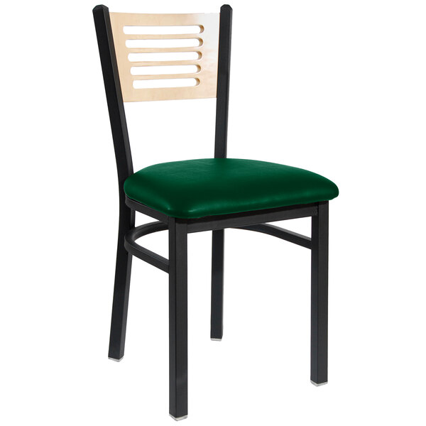 BFM Seating Espy Sand Black Metal Side Chair with Natural Wooden Back and 2" Green Vinyl Seat