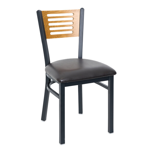 BFM Seating Espy Sand Black Metal Side Chair with Cherry Wooden Back and 2" Black Vinyl Seat