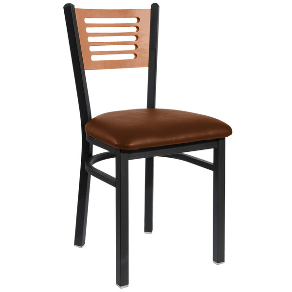 BFM Seating 2151CLBV-CHSB Espy Sand Black Metal Side Chair with Cherry Wooden Back and 2" Light Brown Vinyl Seat