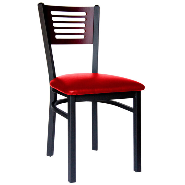 BFM Seating 2151CRDV-MHSB Espy Sand Black Metal Side Chair with Mahogany Wooden Back and 2" Red Vinyl Seat