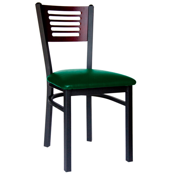 BFM Seating Espy Sand Black Metal Side Chair with Mahogany Wooden Back and 2" Green Vinyl Seat