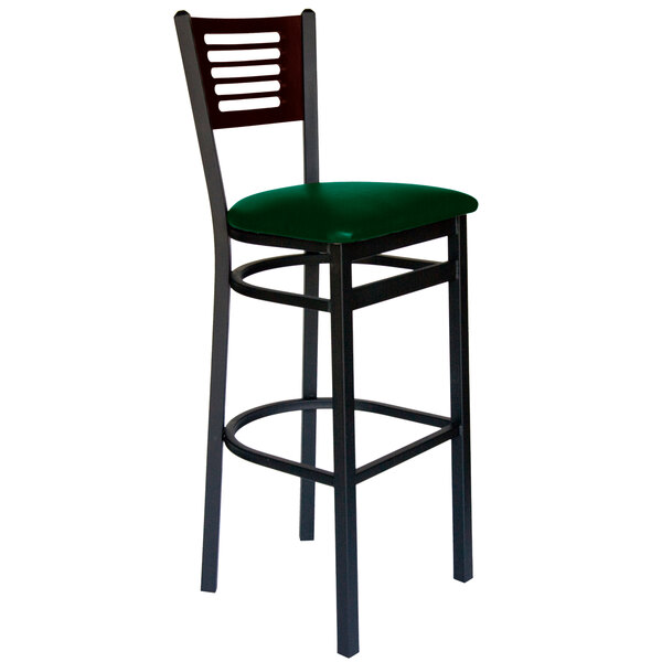 BFM Seating Espy Sand Black Metal Bar Height Chair with Walnut Wooden Back and 2" Green Vinyl Seat