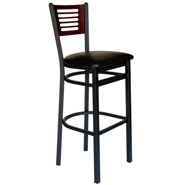 BFM Seating Espy Sand Black Metal Bar Height Chair with Mahogany Wooden Back and 2" Black Vinyl Seat
