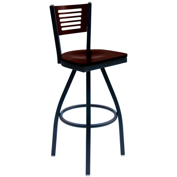 A BFM Seating black metal bar chair with a wooden seat.