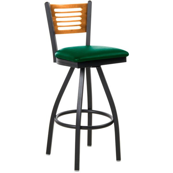 BFM Seating 2151SGNV-NTSB Espy Sand Black Metal Bar Height Chair with Natural Wooden Back and 2" Green Vinyl Swivel Seat