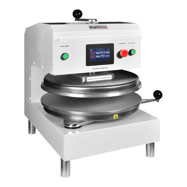 A white DoughXpress automatic dough press with a round metal plate and a digital display.