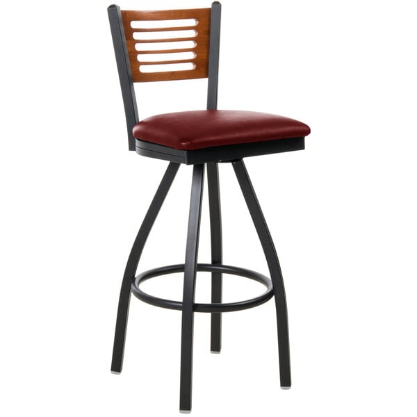 BFM Seating Espy Sand Black Metal Bar Height Chair with Cherry Wooden Back and 2" Burgundy Vinyl Swivel Seat