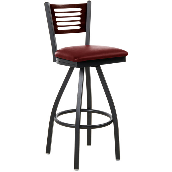 BFM Seating Espy Sand Black Metal Bar Height Chair with Walnut Wooden Back and 2" Burgundy Vinyl Swivel Seat