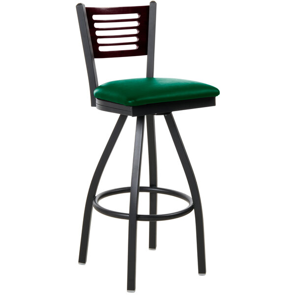 BFM Seating 2151SGNV-MHSB Espy Sand Black Metal Bar Height Chair with Mahogany Wooden Back and 2" Green Vinyl Swivel Seat